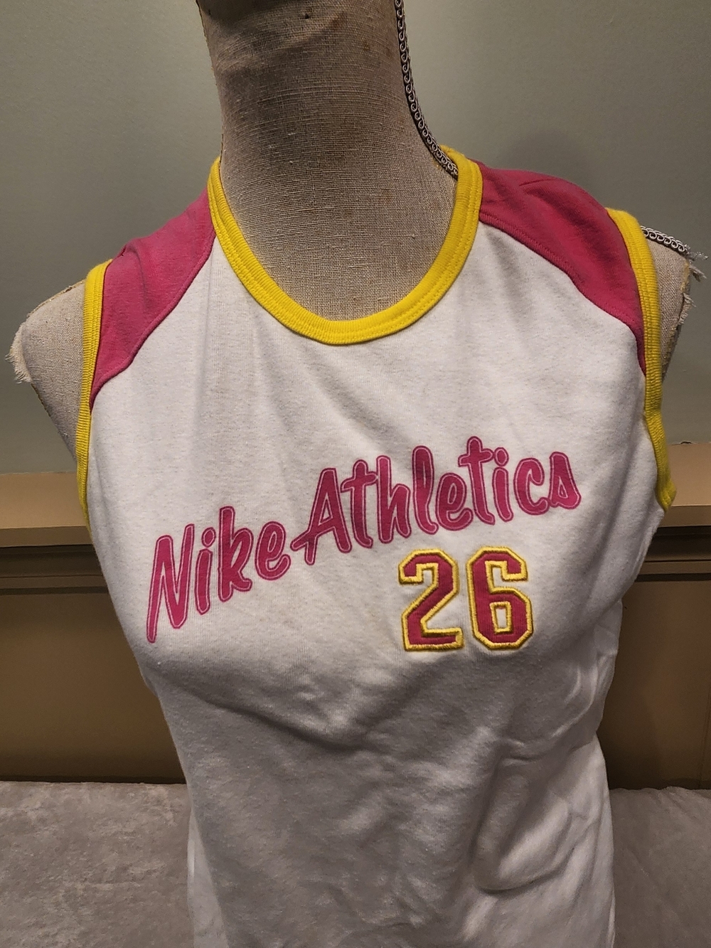 Vintage Nike Athletics Sleeveless Tank Top in White, Pink & Yellow Vtg Large